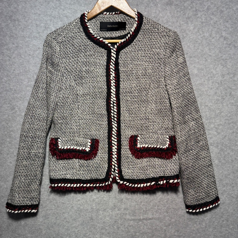 Zara Basic Womens Tweed Jacket Black White‎ Red Braided Trim Fringe Size Medium